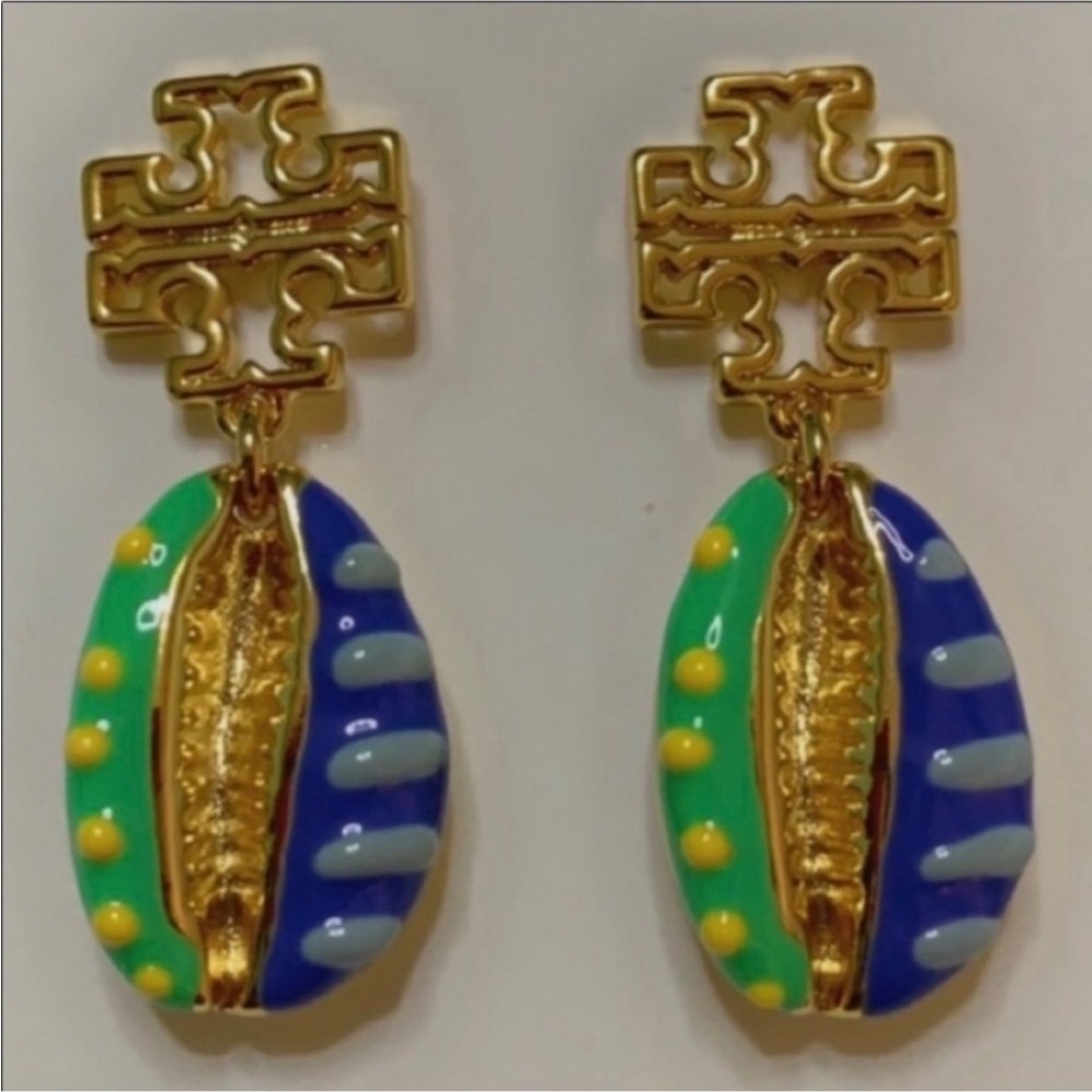 Tory Burch Gold Britten Earrings with Green and Blue enamel